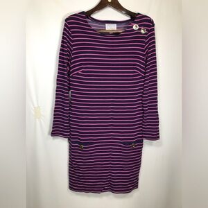 STS Sail to Sable Dress Size M Shift Dress Navy Pink Stripe Gold Buttons Stretch